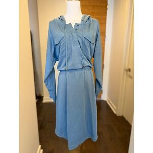 Soft Surroundings Blue Knit Drawstring Hooded Midi Dress Women's Size L‎